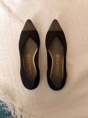 Rothy's Black Pointed-Toe Flats with Gold-Tip Accent